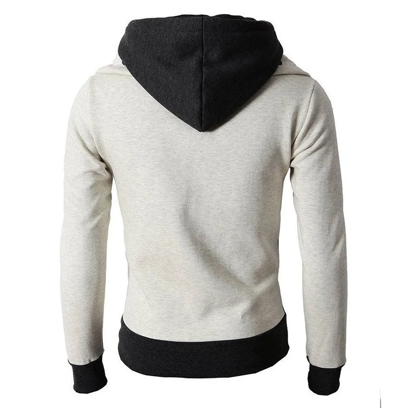 Back view of a two-tone hoodie with light gray body and black hood, cuffs, and waistband