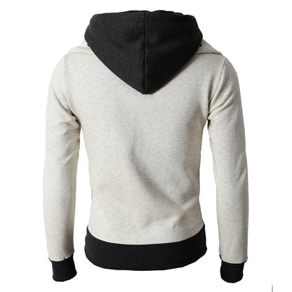 Back view of a two-tone hoodie with light gray body and black hood, cuffs, and waistband