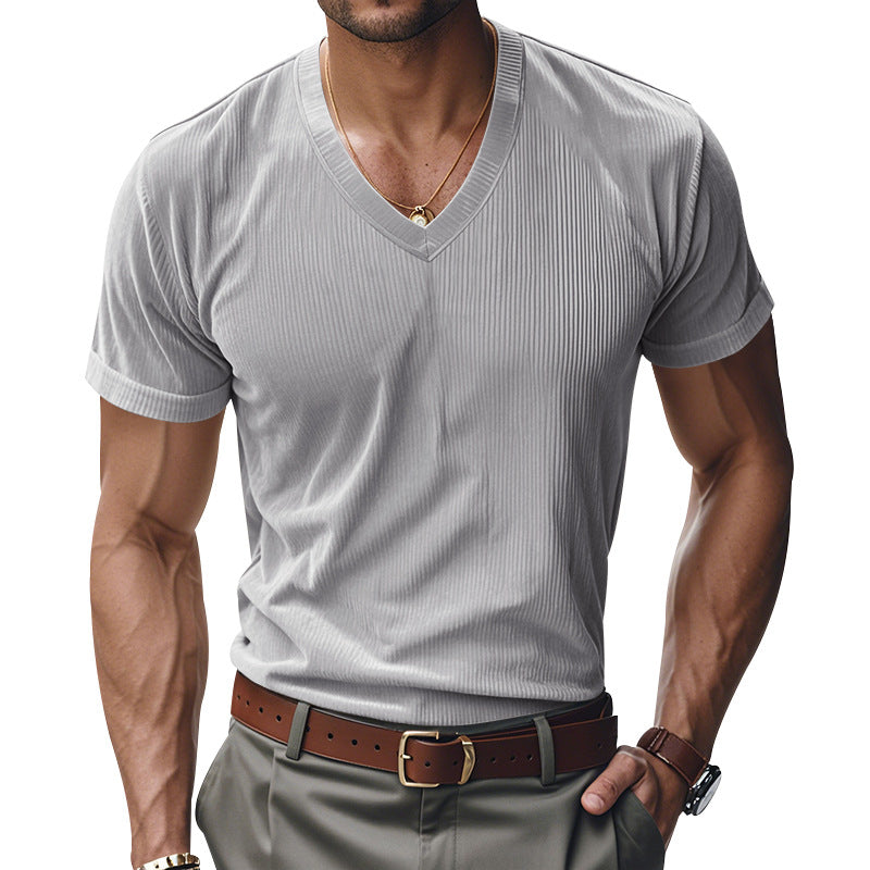 Loose Men's V-Neck Shirt - Casual Polyester Short Sleeve Pullover Tee for Summer