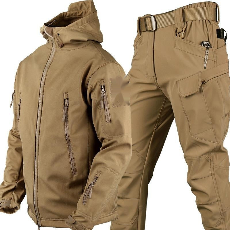 Tan tactical jacket with hood and matching cargo pants with multiple zippered pockets and belt