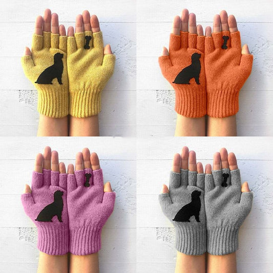 Fingerless knit gloves in yellow, orange, purple, and gray with black dog and bone patches