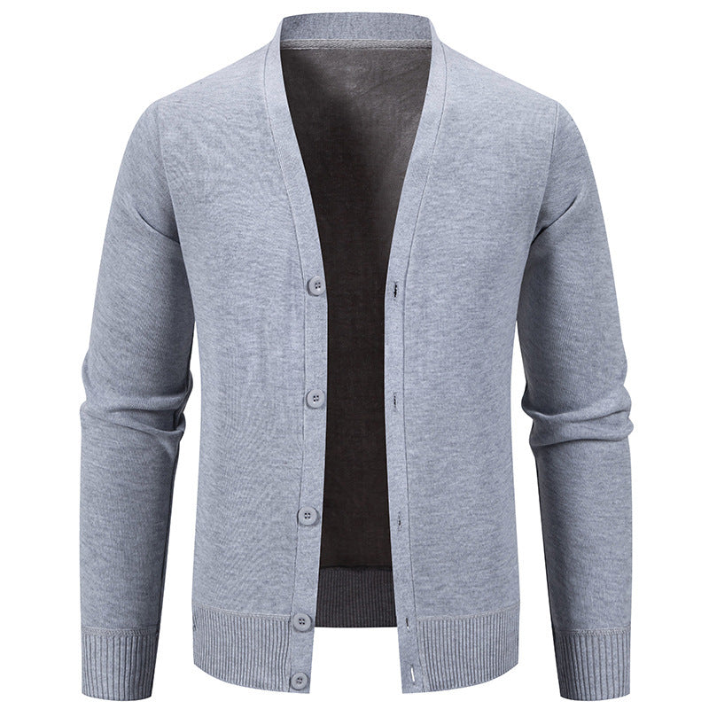 Men's light gray button-up cardigan sweater with ribbed cuffs and hem on white background