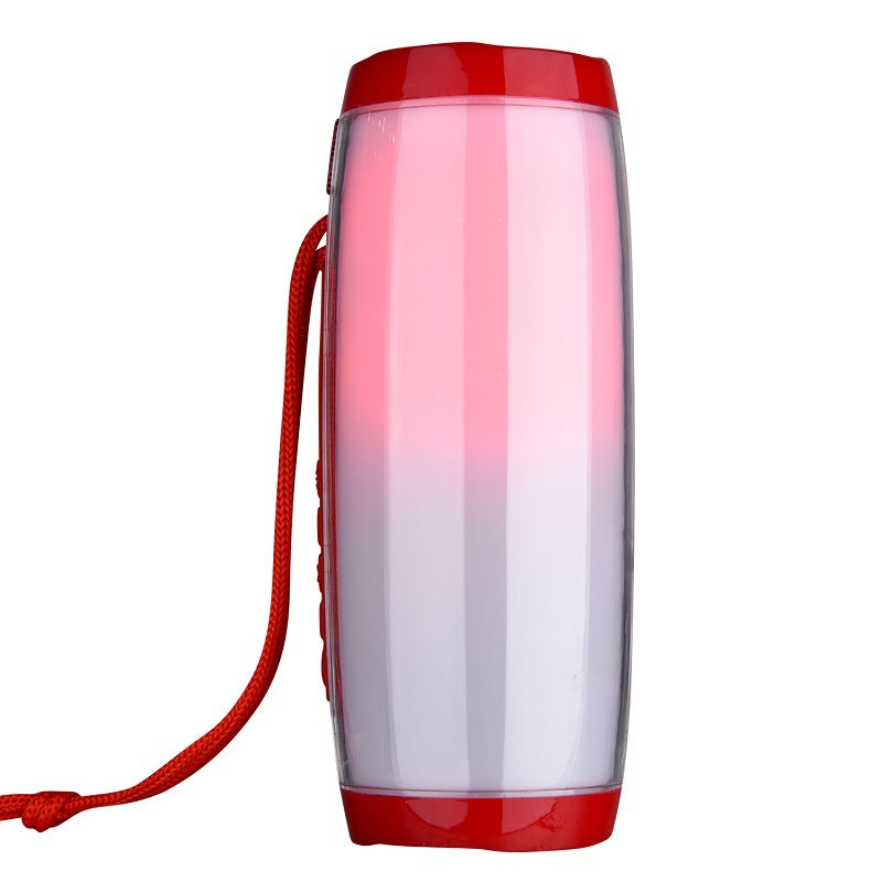 Red and white portable waterproof Bluetooth speaker with wrist strap on white background