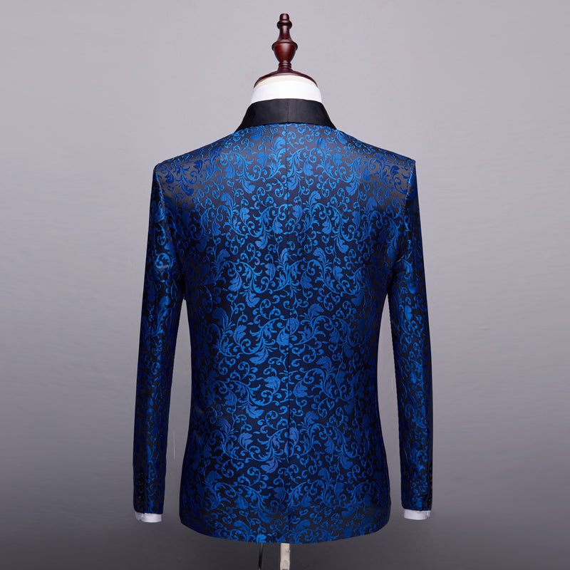 Back view of a men's royal blue floral patterned blazer with black collar on mannequin
