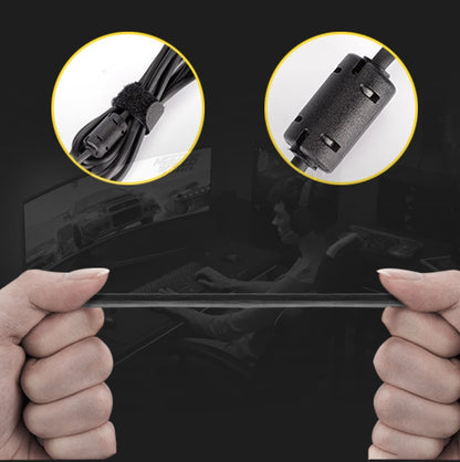 Hands stretching a durable black cable with close-ups of a secured Velcro strap and ferrite core noise filter