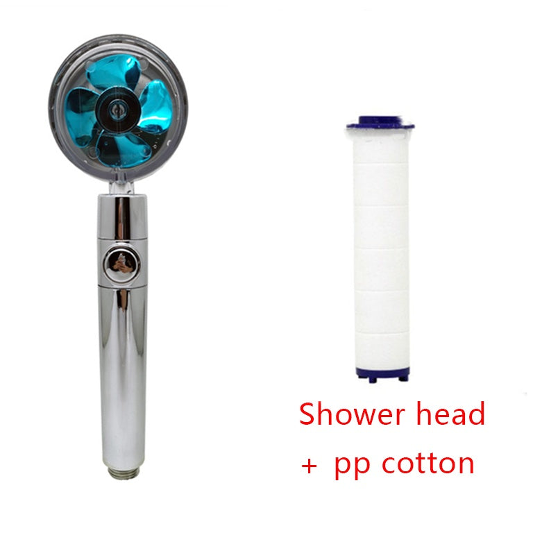 Chrome shower head with blue turbine and white PP cotton filter cartridge