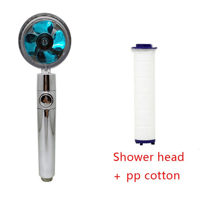 Chrome shower head with blue turbine and white PP cotton filter cartridge