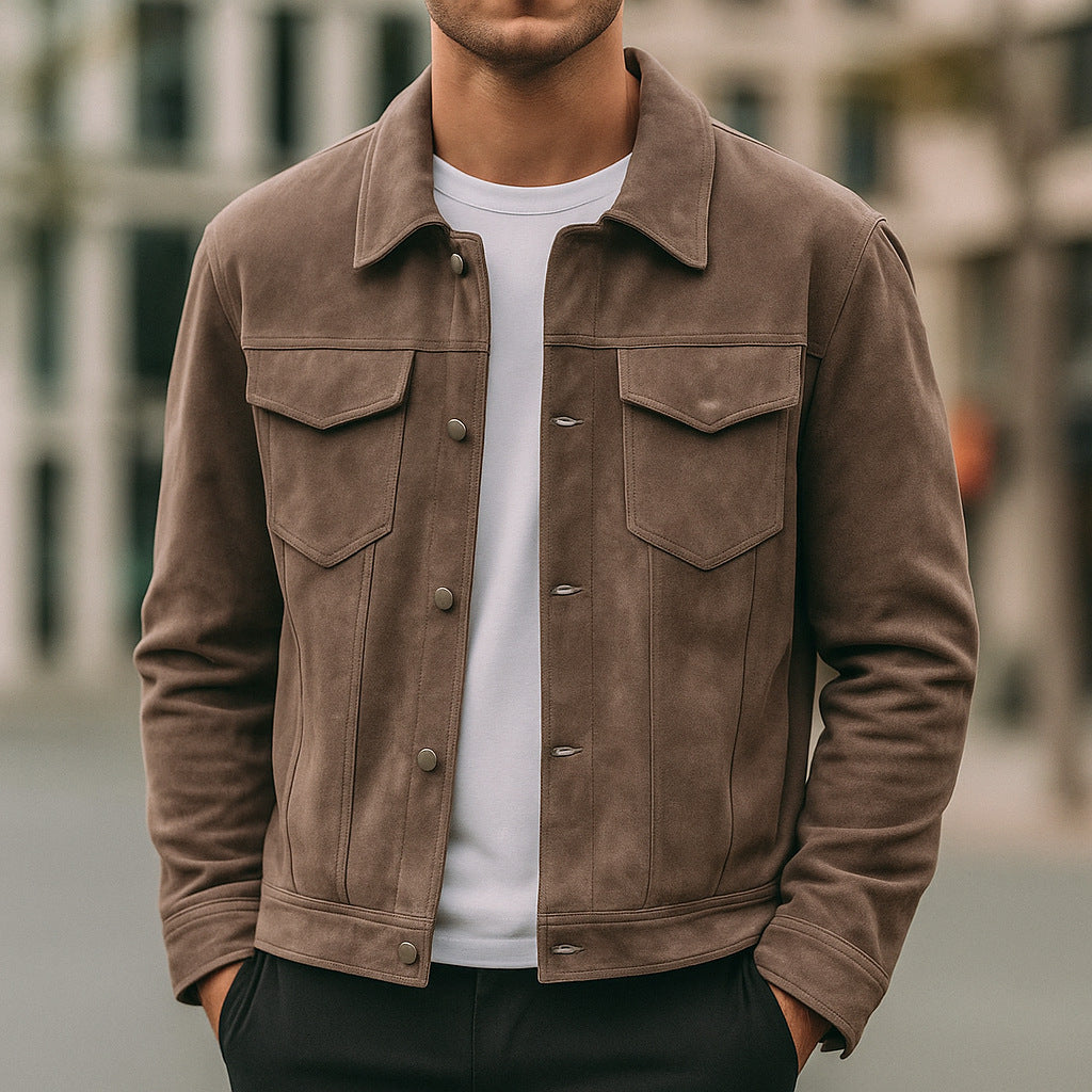Man wearing brown suede jacket over white t-shirt in urban outdoor setting