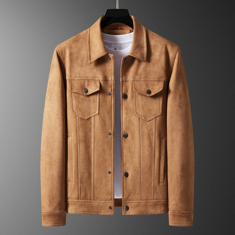 Men's tan suede jacket with snap buttons, chest pockets, and white inner shirt on hanger