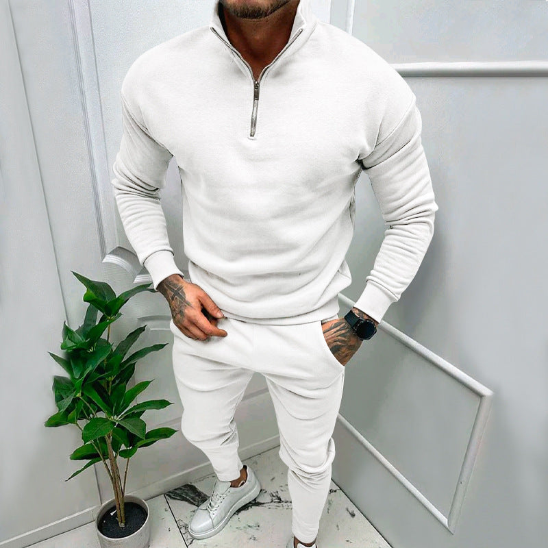 Men's Fleece Suit - Casual Solid Color Top & Trousers Set | Cotton Blend Winter Wear