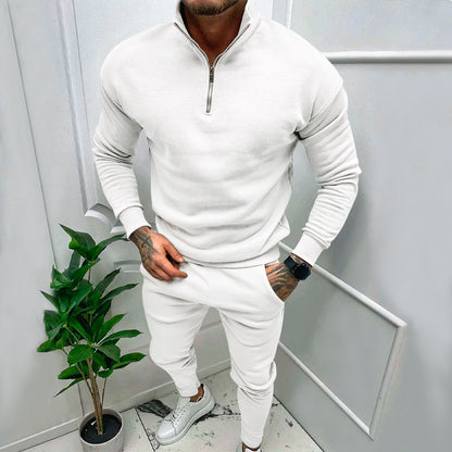 Men's Fleece Suit - Casual Solid Color Top & Trousers Set | Cotton Blend Winter Wear
