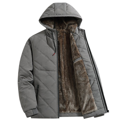 Gray quilted hooded winter jacket with soft brown faux fur lining and zippered pockets