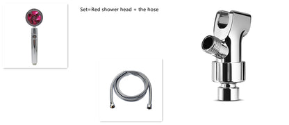 Red shower head with propeller, flexible metal hose, and chrome faucet connector set