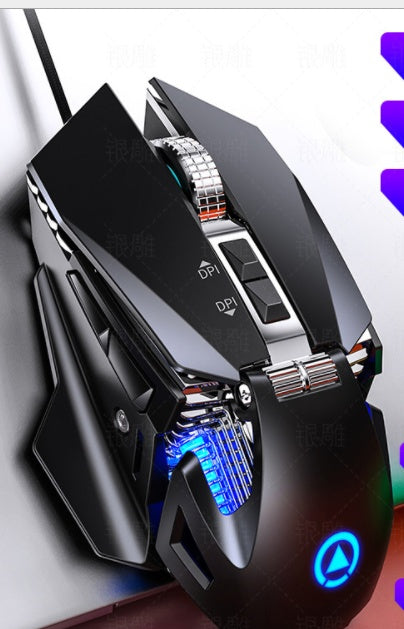 sleek black wired gaming mouse with metal scroll wheel, DPI buttons, and blue LED lighting