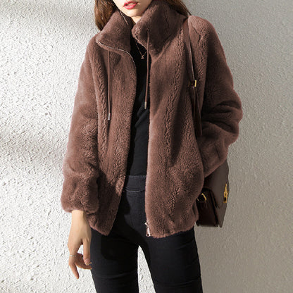 Warm Fleece Sweater Double Faced High Neck Cardigan For Women - Loose Fit