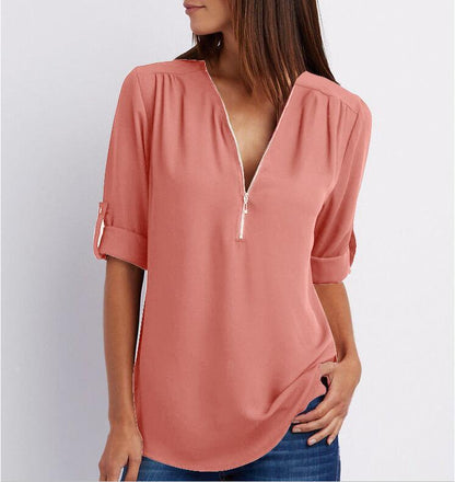 Zip V-Neck Shirt Women - Loose Short Sleeve Tops, Breathable Dacron Fabric