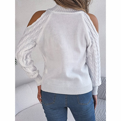 Women's Cold Shoulder Pullover - High Neck Long Sleeve Lightweight Sweater Top