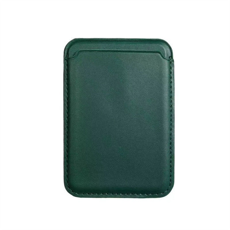 Minimalist dark green leather card holder with stitched edges on white background