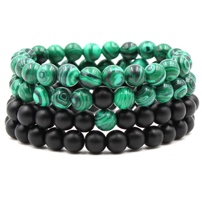 Malachite Bracelets - Elastic Strand Jewelry With Black Matte Green Beads