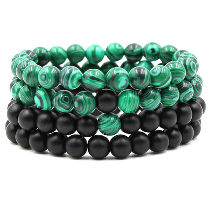 Malachite Bracelets - Elastic Strand Jewelry With Black Matte Green Beads