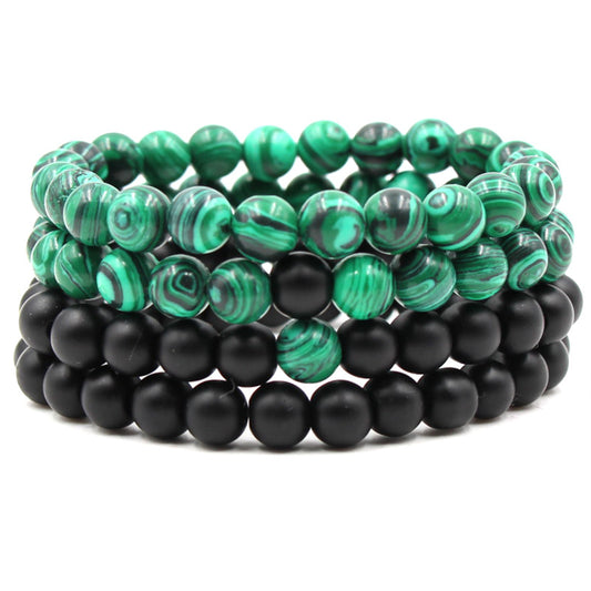Malachite Bracelets - Elastic Strand Jewelry With Black Matte Green Beads
