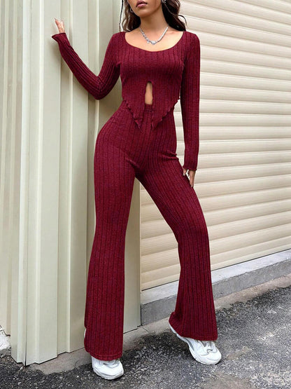 Solid Color Slim Waist Long Sleeve Top And High Waist Slightly Flared Pants Set