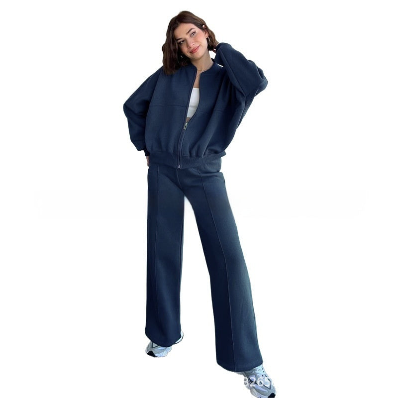 Women's Sports Suits Zipper Jacket Set With Wide Leg Pants - Polyester Activewear