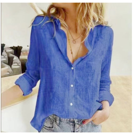Loose Button Cardigan - Womens Long Sleeve Shirt With Lapel Collar Blouse