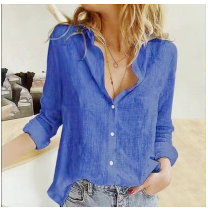 Loose Button Cardigan - Womens Long Sleeve Shirt With Lapel Collar Blouse