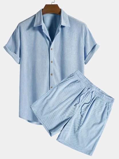 Corduroy Short Sleeve Suit - Two Piece Summer Casual Suit Set For Men