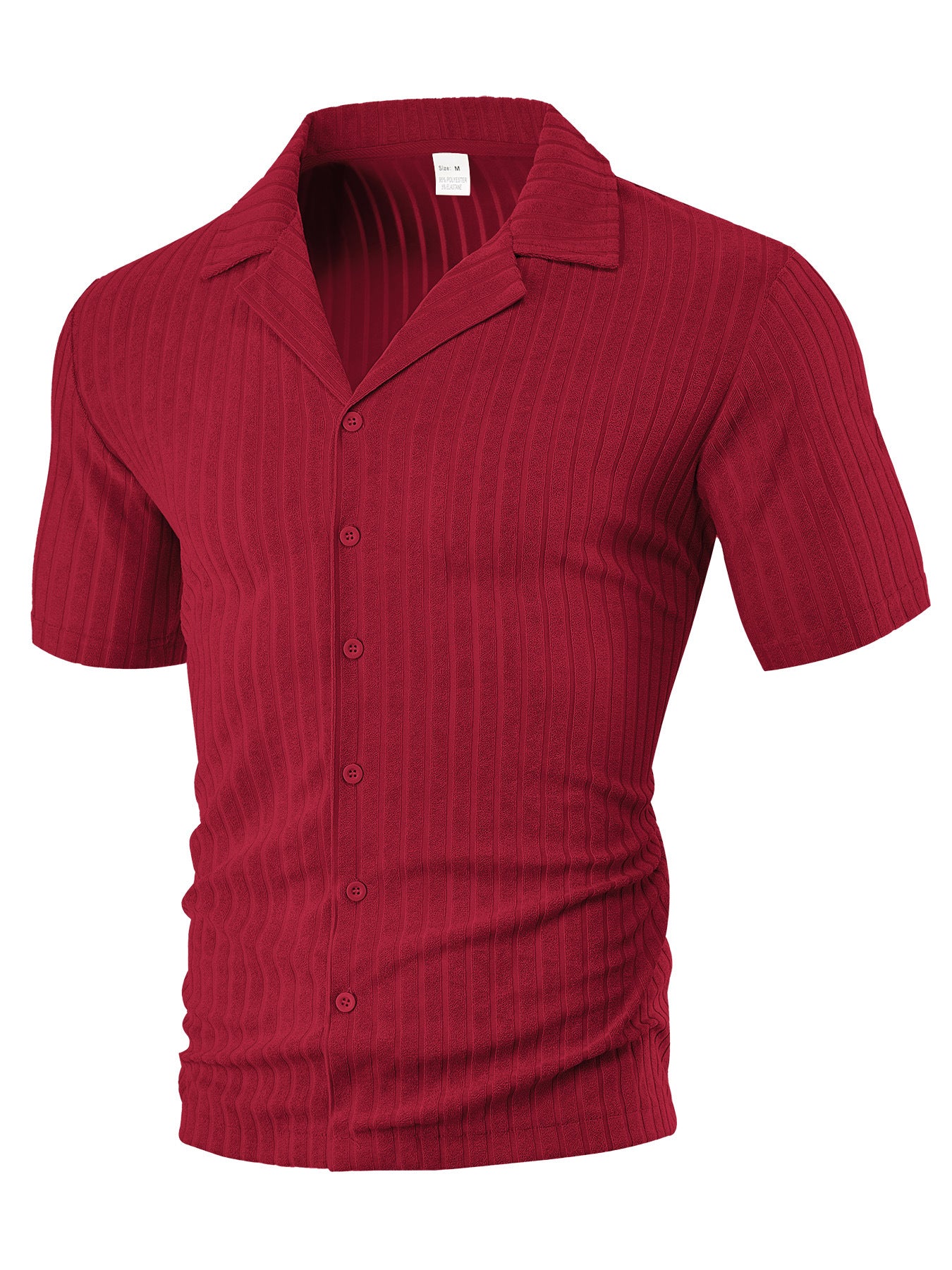 Red short-sleeve ribbed knit button-up shirt with collar, medium size tag visible