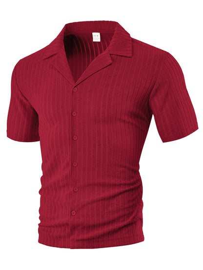 Red short-sleeve ribbed knit button-up shirt with collar, medium size tag visible