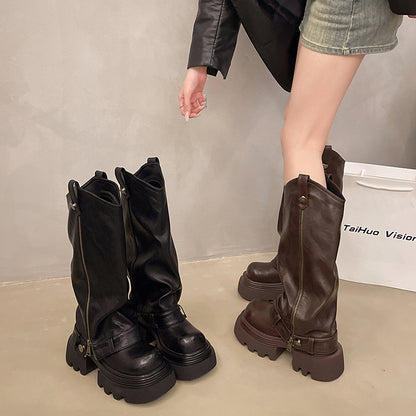 Below Knee Boots | Women's Black Leather Thick Sole Footwear With Rubber Sole
