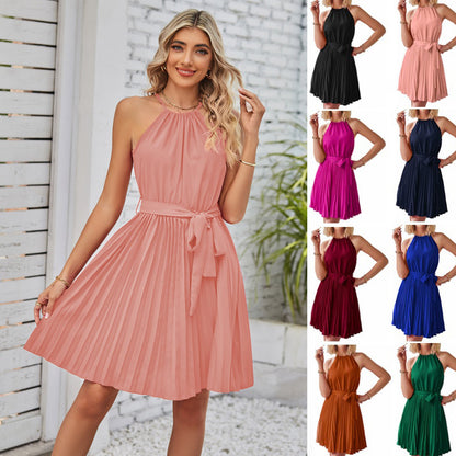 Halter Strapless Dress - Solid Color Sundress With Pleated Skirt For Summer Beach
