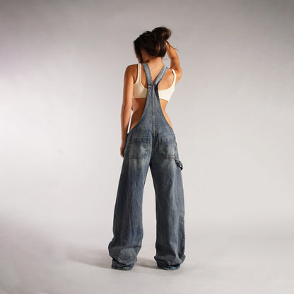 Denim Overalls With Zipper Pockets – Loose Suspender Jumpsuit, Wide Leg Pants