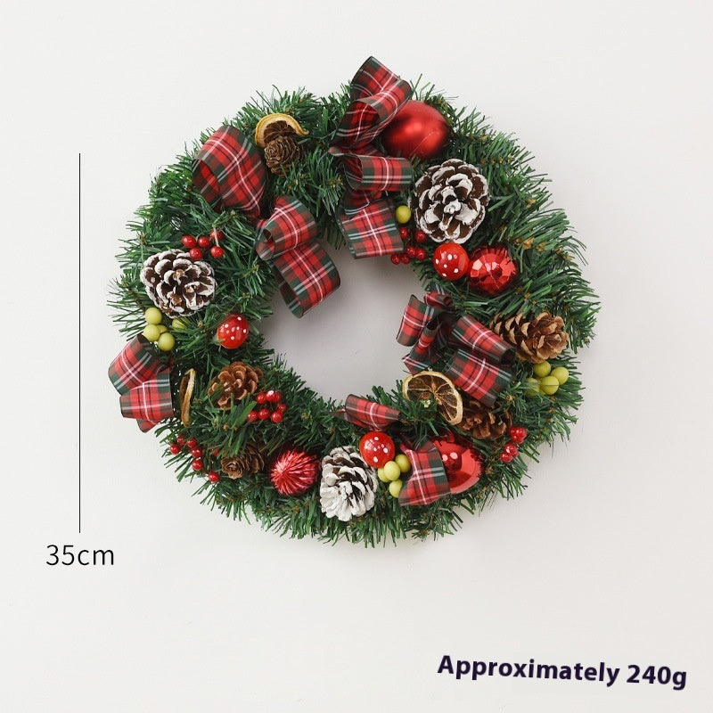 35cm Christmas wreath with red plaid ribbons, pinecones, red berries, dried orange slices, and ornaments