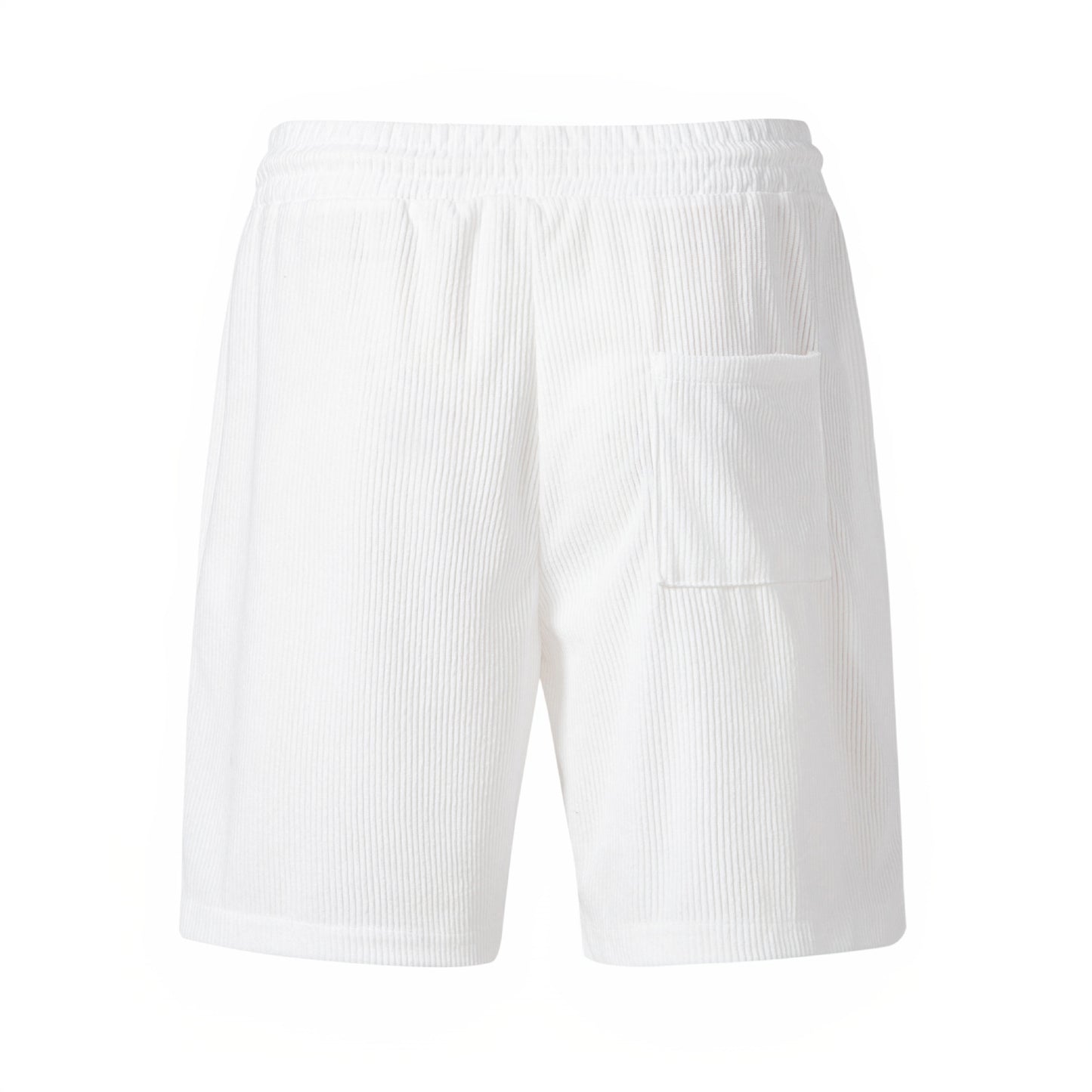 White ribbed terry cloth shorts with elastic waistband and side pocket