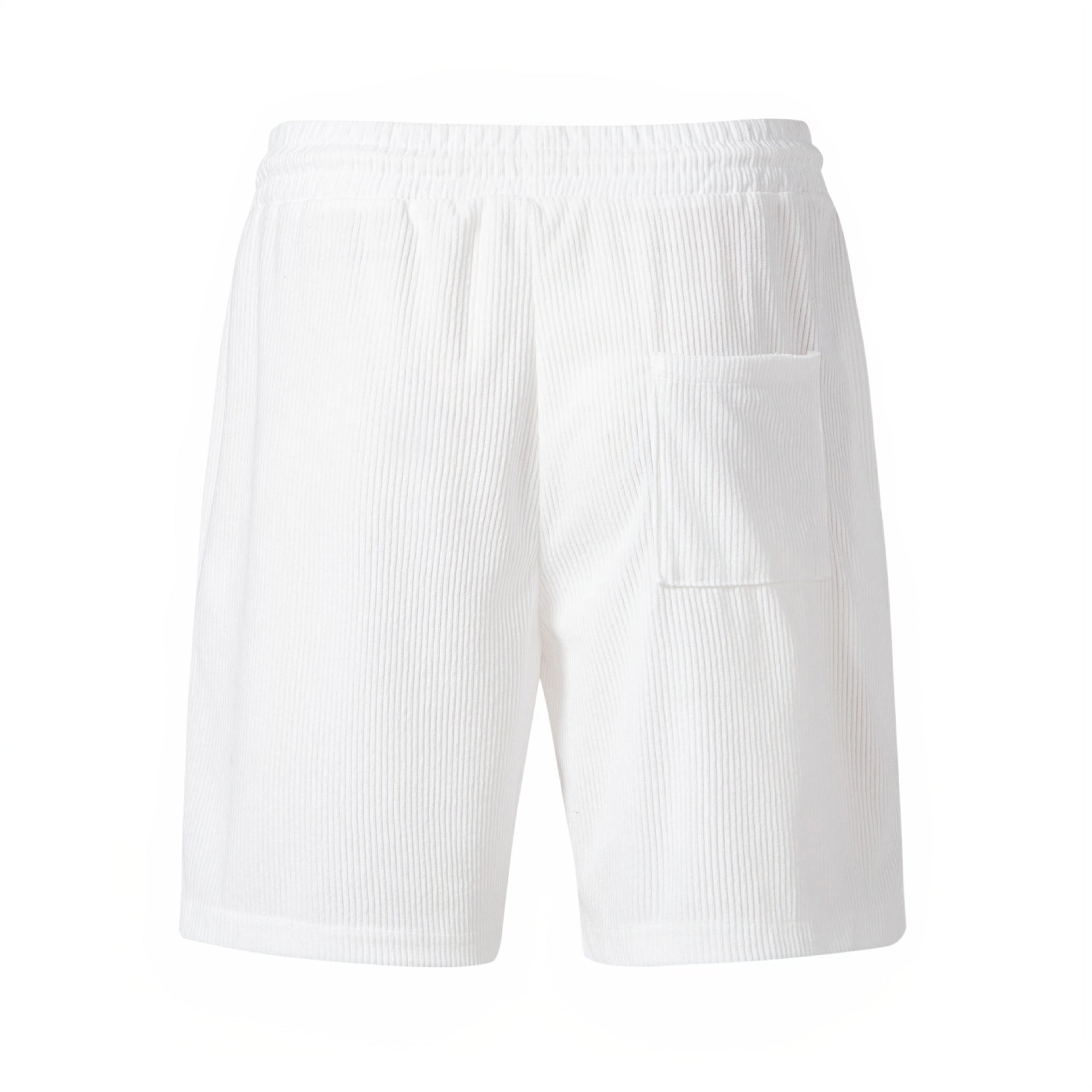 White ribbed terry cloth shorts with elastic waistband and side pocket