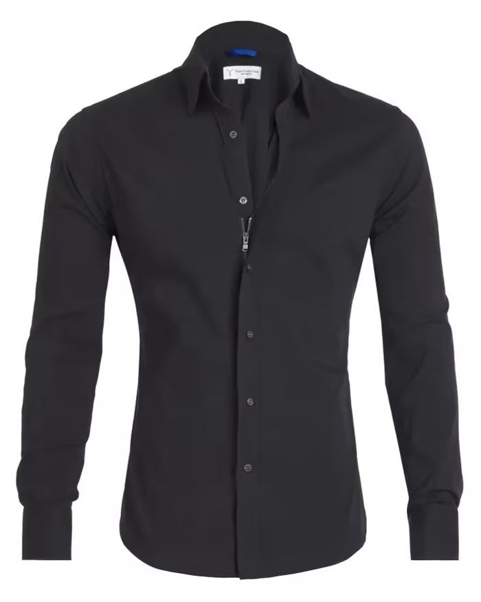 Long Sleeve Zipper Shirt | Slim Fit Cotton Men's Lapel Tops With Button Design