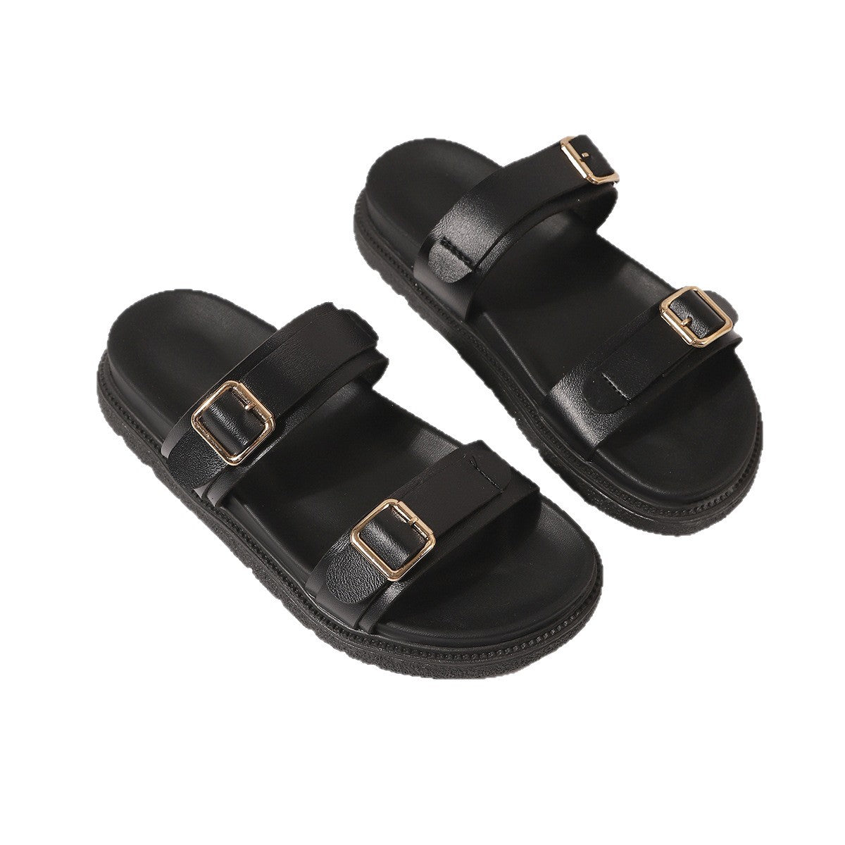 Pair of black slide sandals with two adjustable buckled straps and cushioned soles
