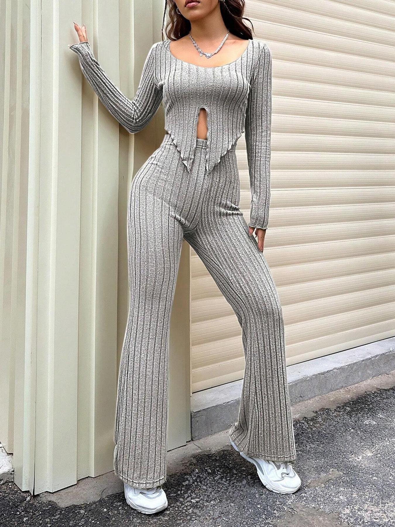 Solid Color Slim Waist Long Sleeve Top And High Waist Slightly Flared Pants Set