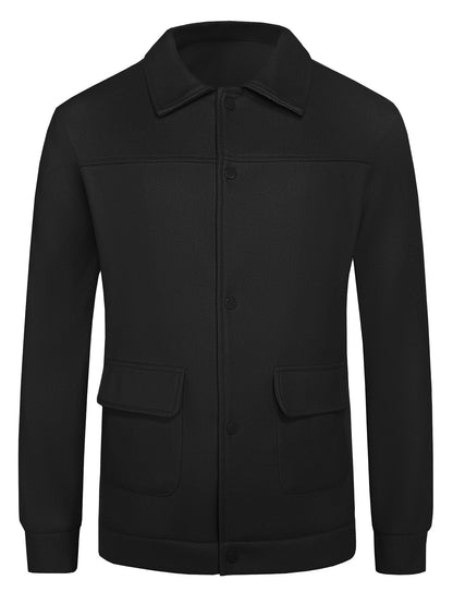 Black men's jacket with collar, snap button closure, and two front flap pockets