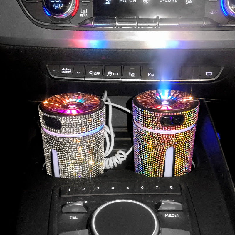 Car air purifiers with rhinestone decoration glowing colorful lights in car cup holders