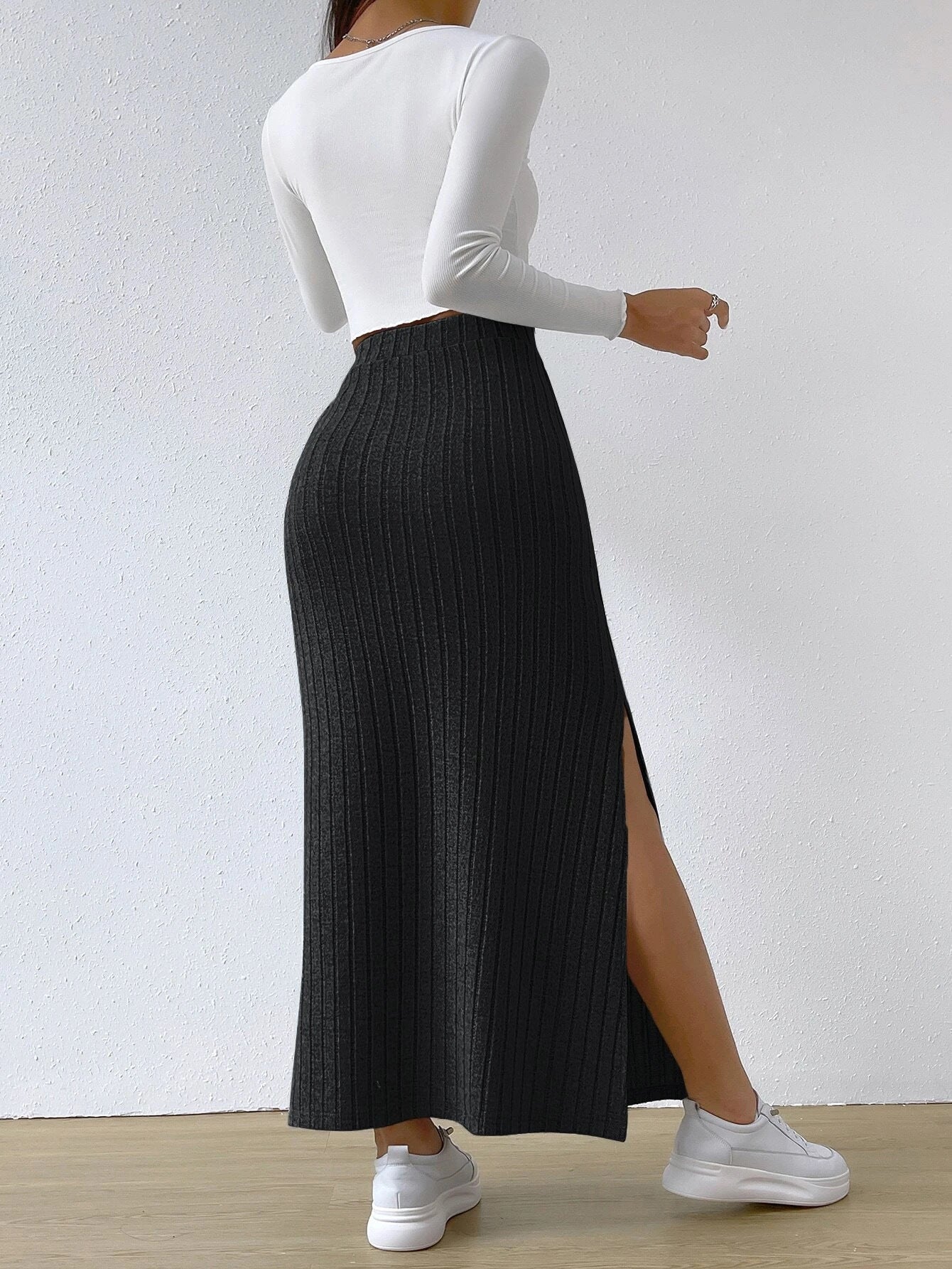 Spring Long Skirt | High Waist Side Slit | Slim Fit Knitted Women's Dress