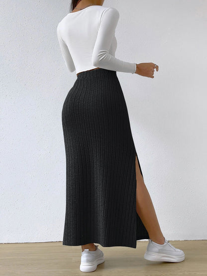 Spring Long Skirt | High Waist Side Slit | Slim Fit Knitted Women's Dress