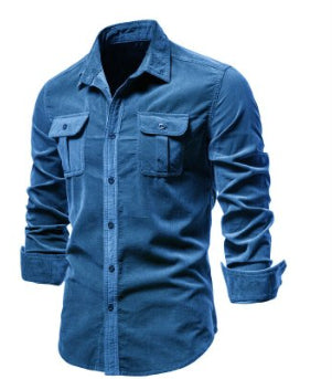 Men's blue casual long-sleeve button-up shirt with flap pockets and rolled cuffs
