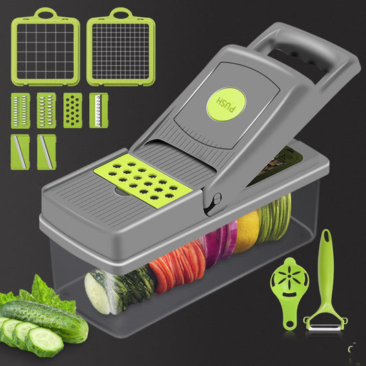 Gray and green vegetable slicer with multiple interchangeable blades and containers for slicing cucumbers and other produce