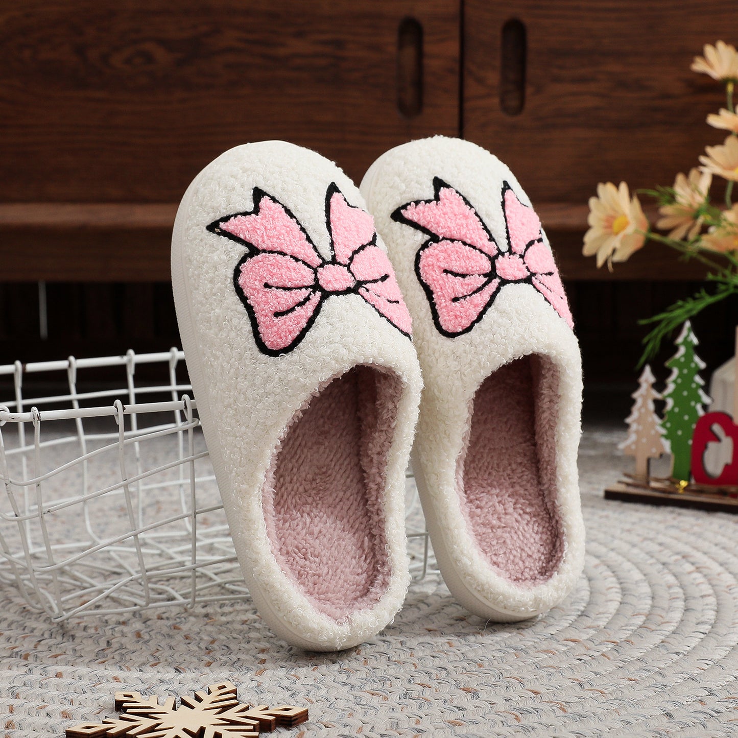 Cotton Slippers Women | Cute Bow Plush Non Slip Indoor Shoes With Soft Wool