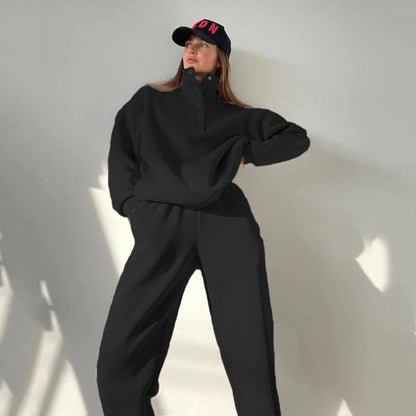 Oversized Casual Tracksuit – Women's Solid Color 2 Piece Pant Set With Warm Hoodie