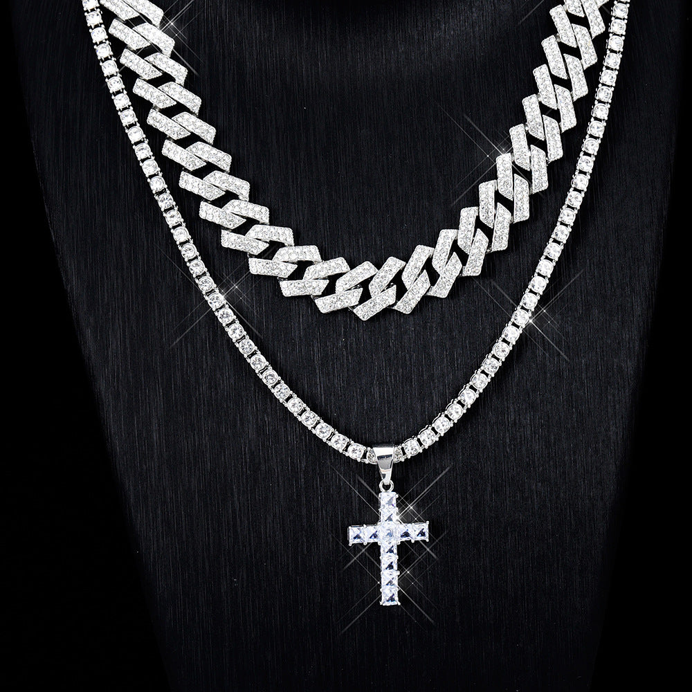 Cross Pendant Necklace | Cuban Link Chain Iced Out Rhinestone Jewelry For Men & Women